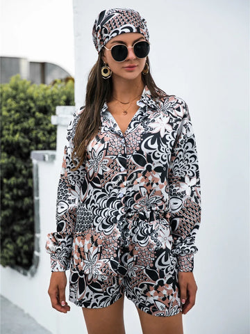  black Printed Shirt & Shorts Set with matching hat – Voguelle