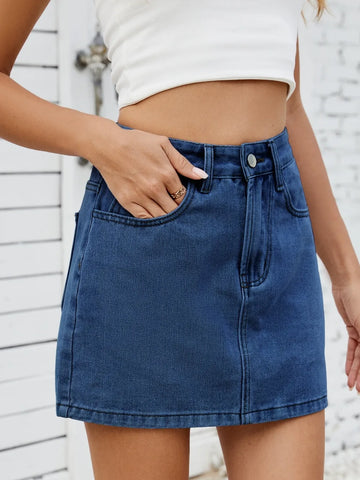 Side view of solid mini denim skirt showing pocket and fit – Voguelle