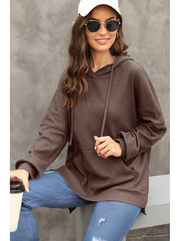 Gray waffle-knit hoodie with V-neckline and drawstrings – Voguelle