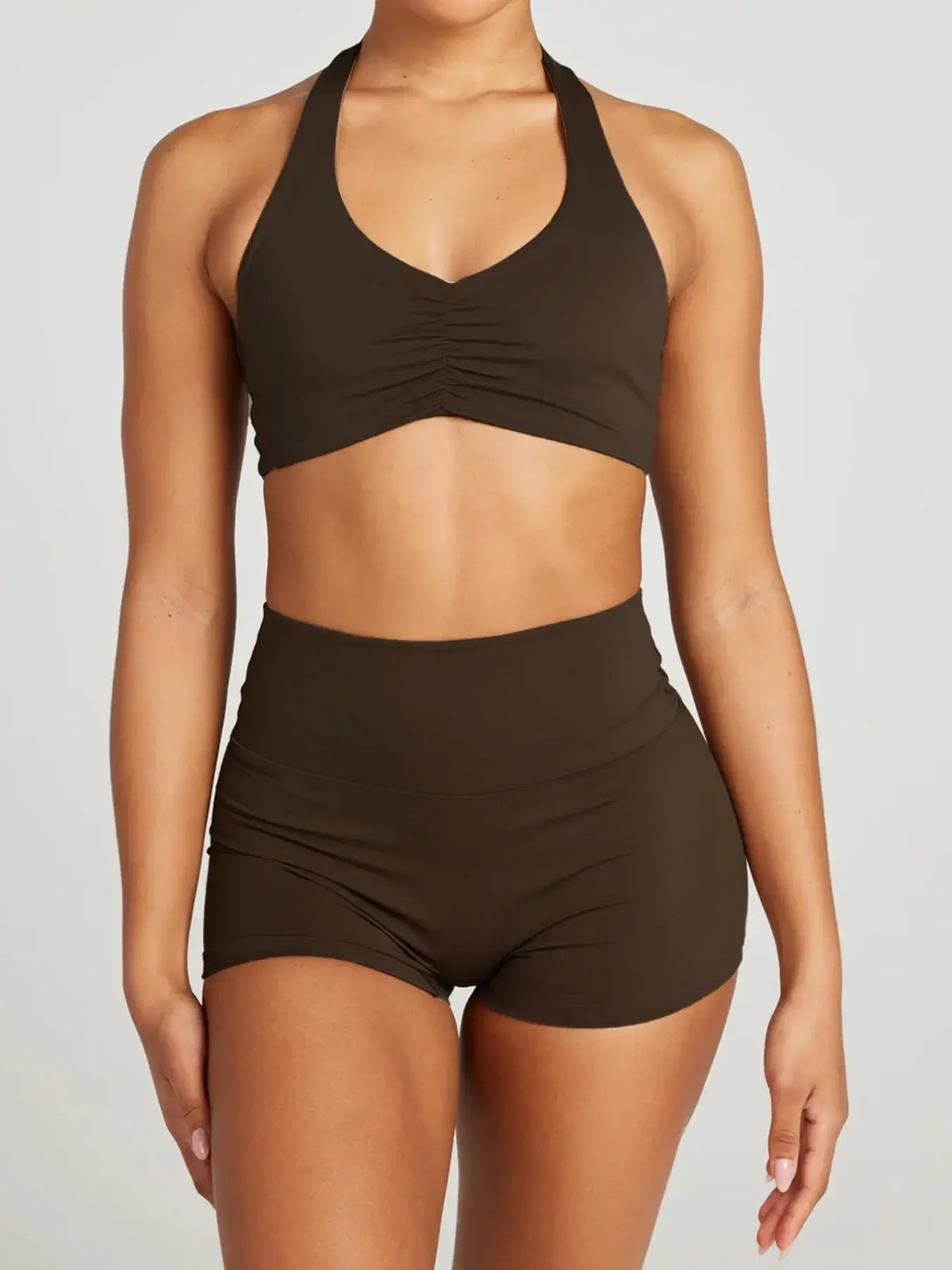 Front view of Halter Neck Cami and Shorts Active Set in gray – Voguelle