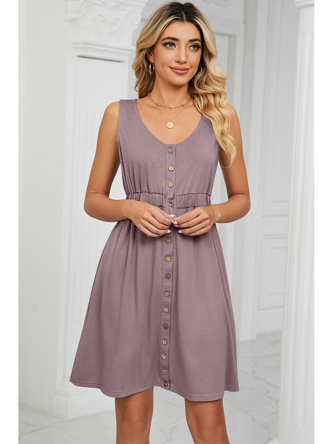 Front view of plunge V-neck mini dress – Voguelle