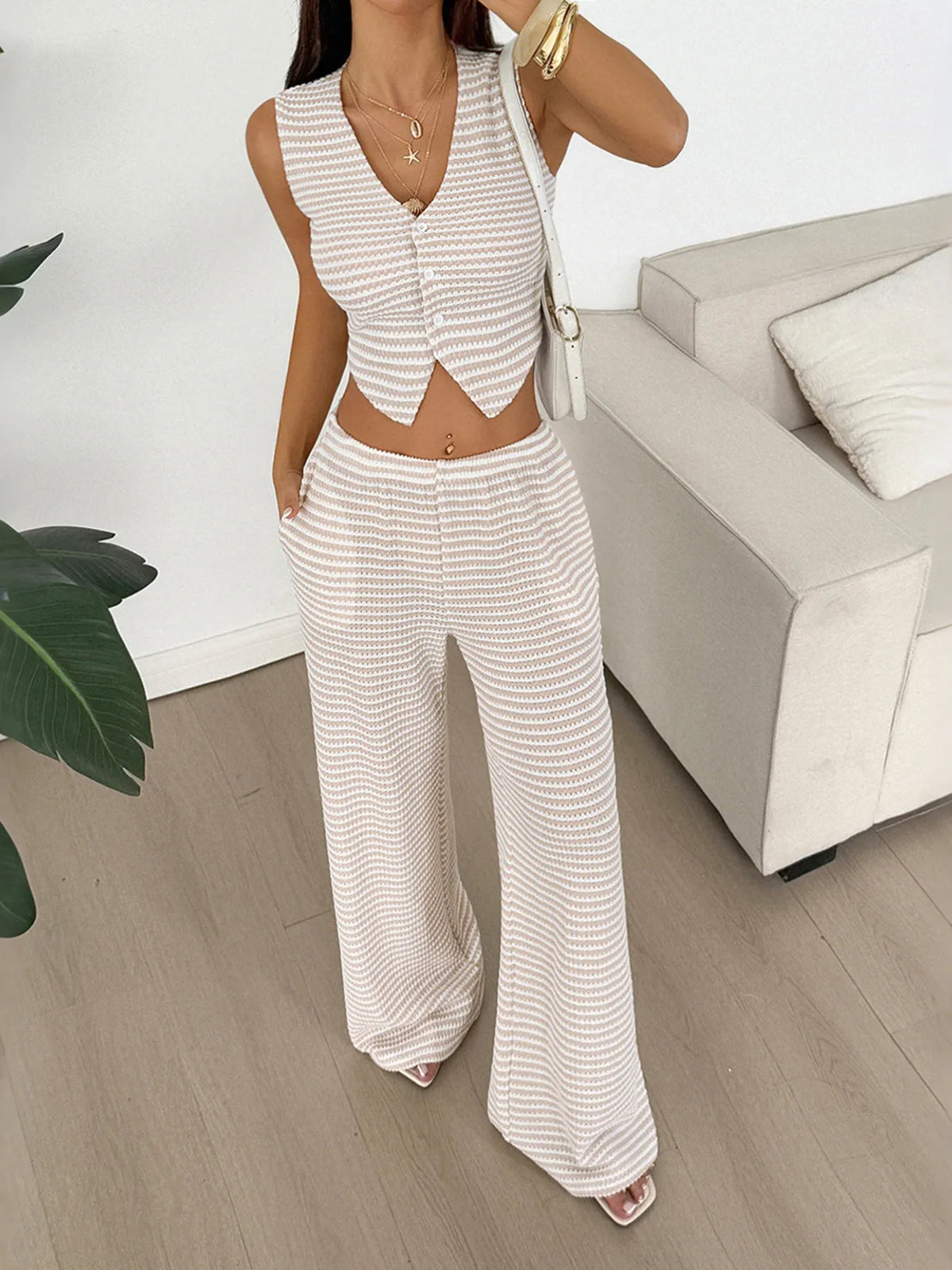 Back view of Striped Knit Vest & Pants Set showing relaxed fit – Voguelle