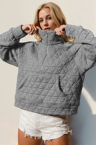 Lifestyle shot quilted half zip long sleeve sweatshirt – Voguelle