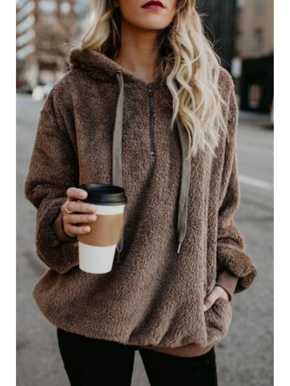 Long sleeve quarter-zip teddy hoodie front pocket view – Voguelle