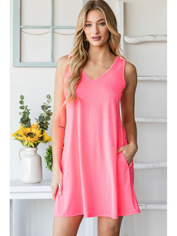 Side angle of pink casual V-neck mini tank dress – Voguelle