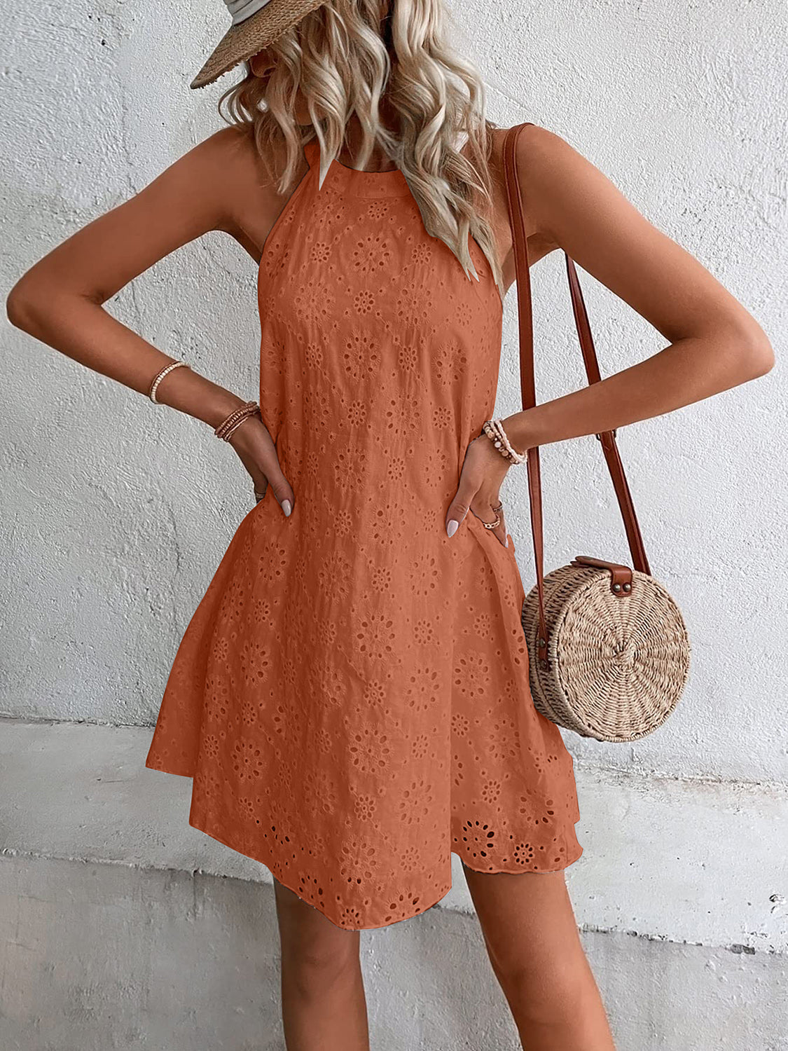 Side angle of Eyelet Grecian Mini Dress – Voguelle