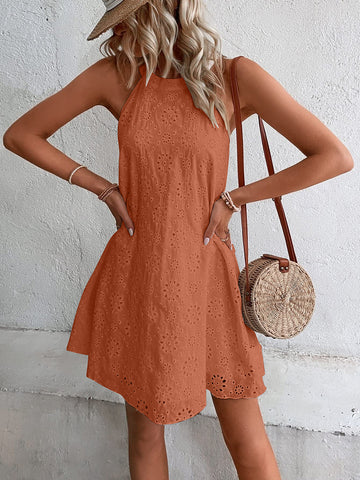 Side angle of Eyelet Grecian Mini Dress – Voguelle
