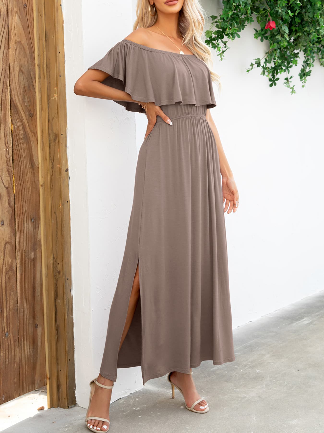 Close-up of ruffle detail on navy off-shoulder maxi dress – Voguelle