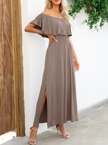 Close-up of ruffle detail on navy off-shoulder maxi dress – Voguelle