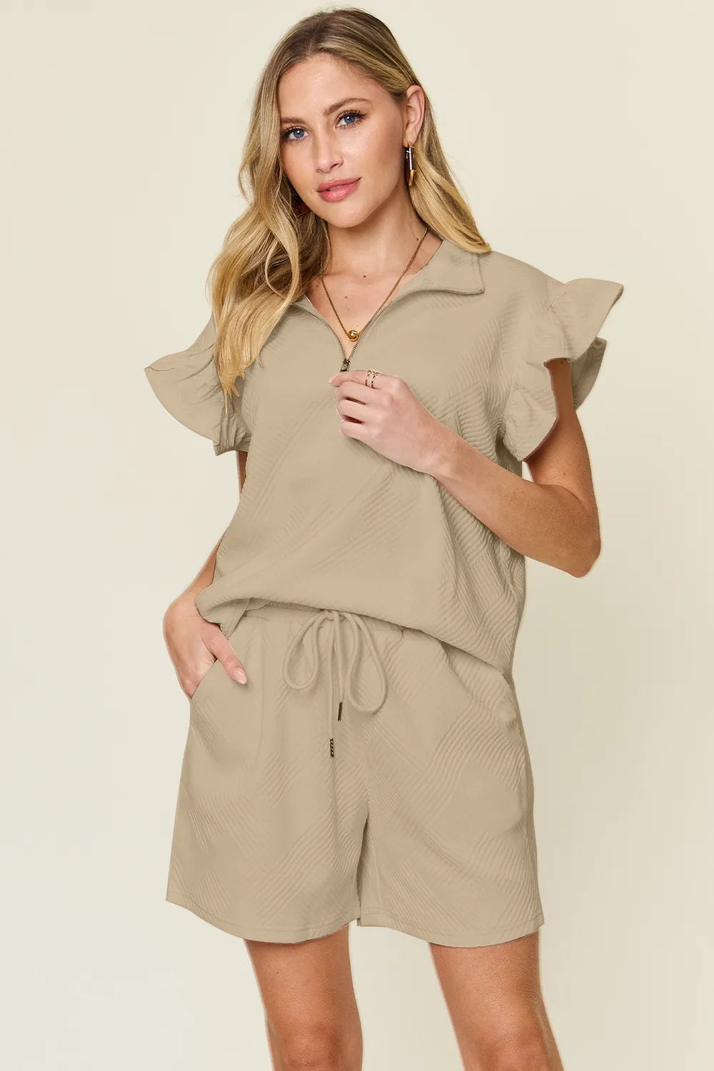Khaki textured fabric close-up flounce sleeve detail – Voguelle