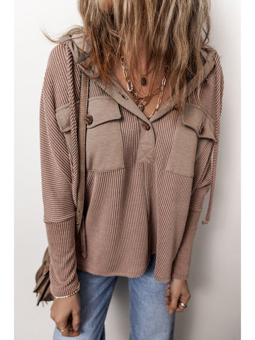 Close-up brown half button hoodie with pockets – Voguelle