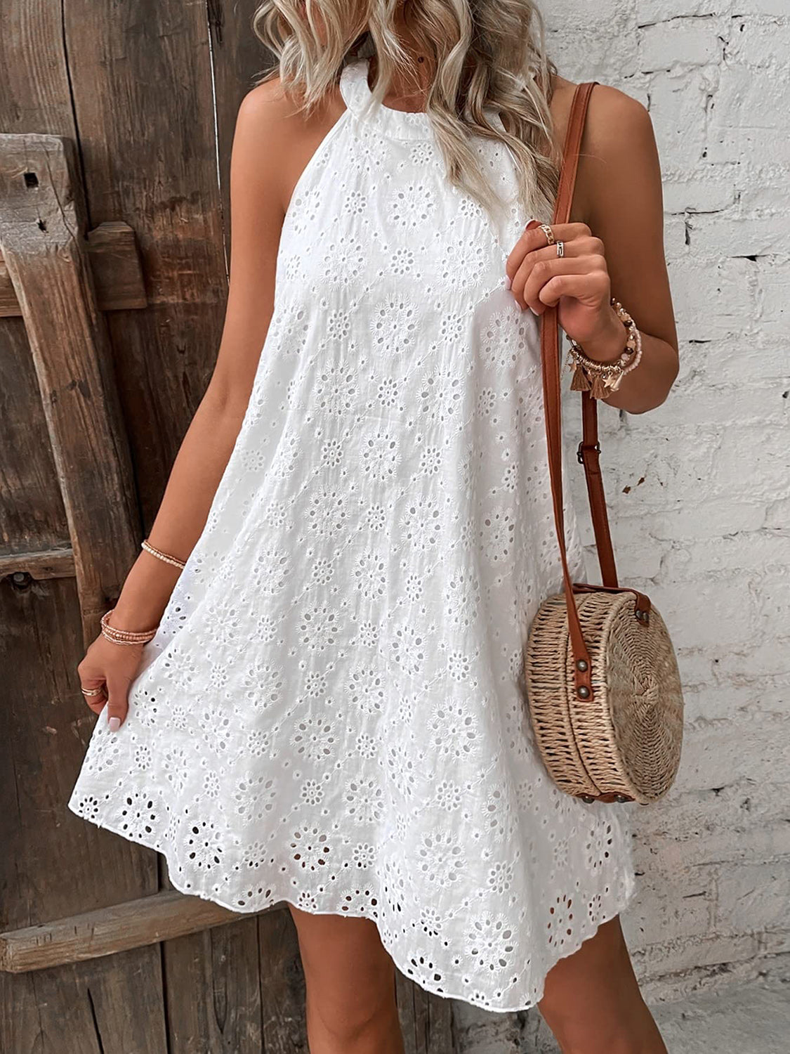 Model wearing Eyelet Grecian Mini Dress – Voguelle
