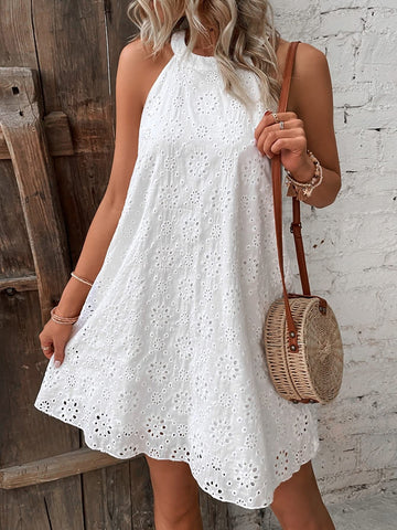 Model wearing Eyelet Grecian Mini Dress – Voguelle