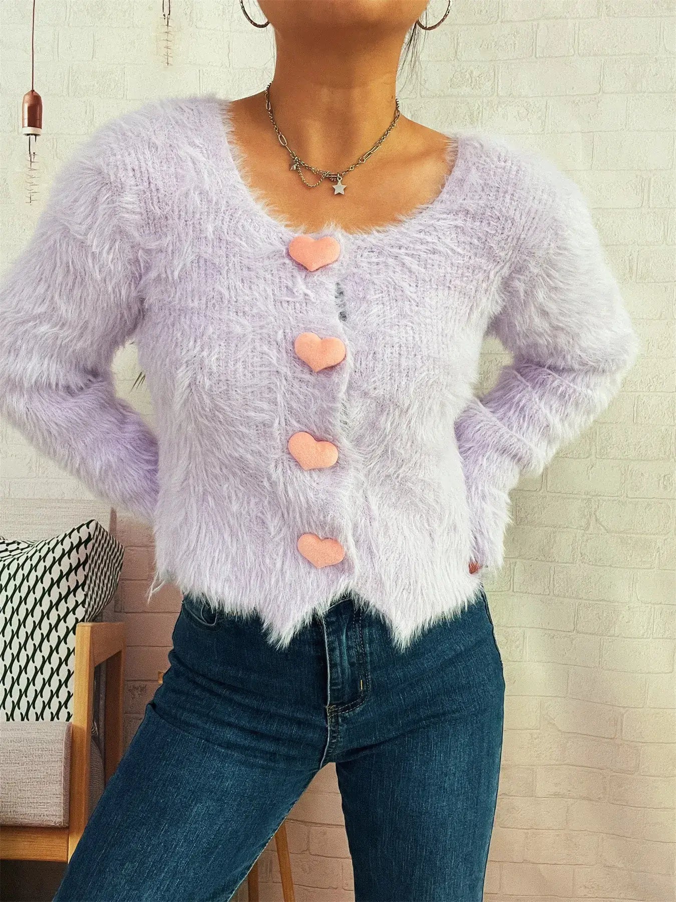 Close-up of heart-shaped buttons on lavender Fuzzy Cardigan – Voguelle