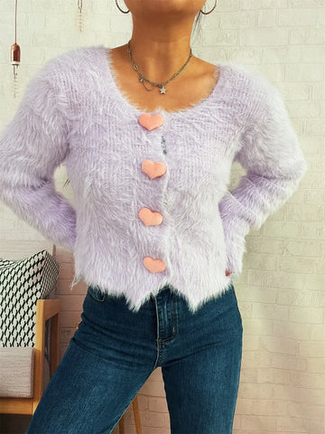 Close-up of heart-shaped buttons on lavender Fuzzy Cardigan – Voguelle