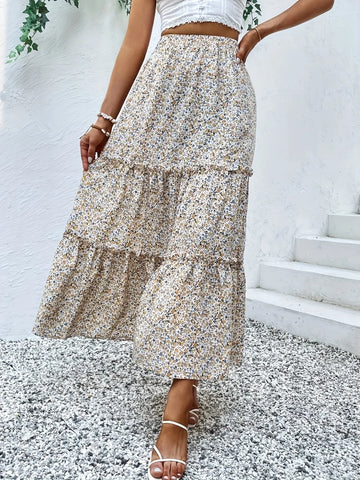 Beige floral tier ruffle maxi skirt – Voguelle