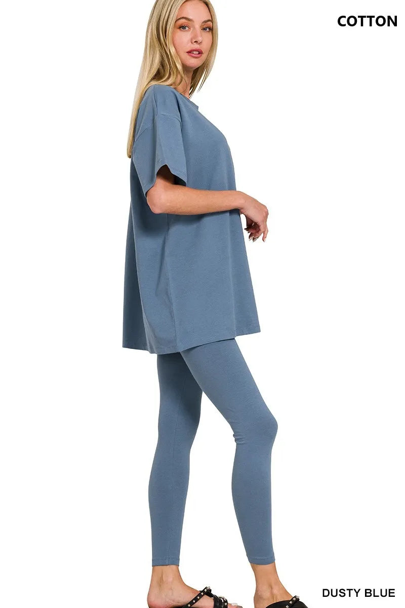 Side view dusty blue oversized cotton top and matching leggings – Voguelle