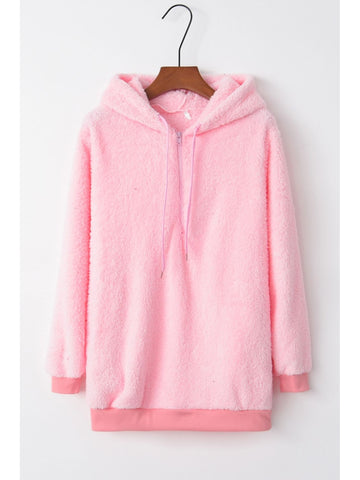 Zipper and drawstring teddy hoodie close-up detail – Voguelle