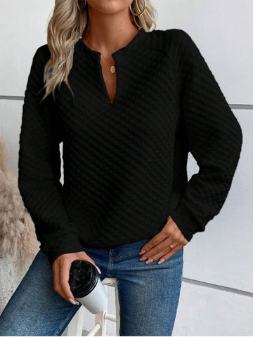 Front view notched neck long sleeve sweatshirt in white – Voguelle