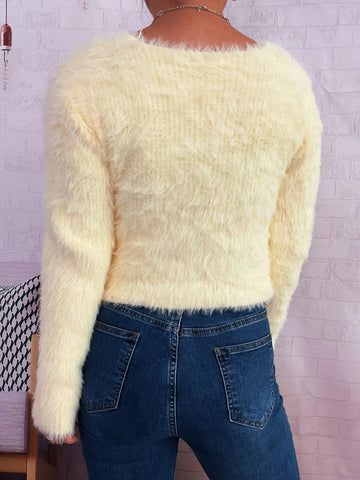 Back view of Fuzzy Heart Shape Button-Up Cardigan in yellow – Voguelle