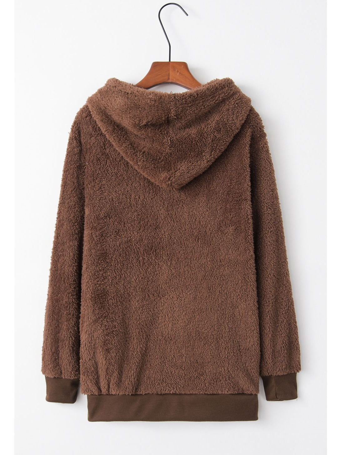 Model holding coffee wearing teddy hoodie with quarter zip – Voguelle