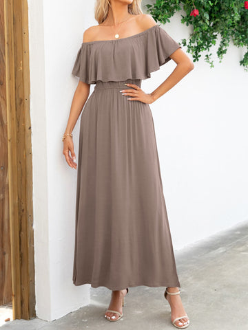 Chic navy maxi dress with off-shoulder neckline and slit – Voguelle