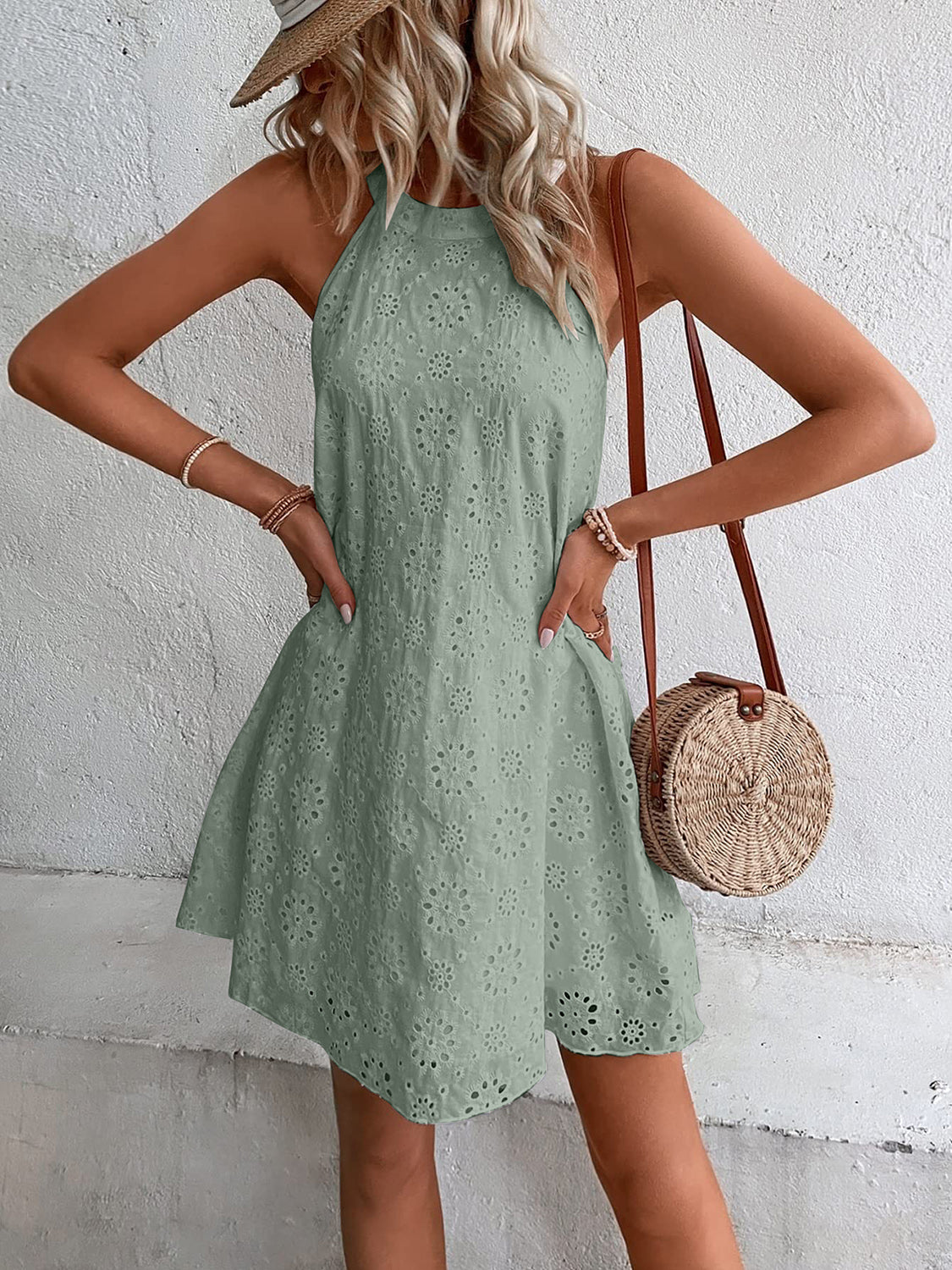 Back view Eyelet Grecian Neck Dress – Voguelle