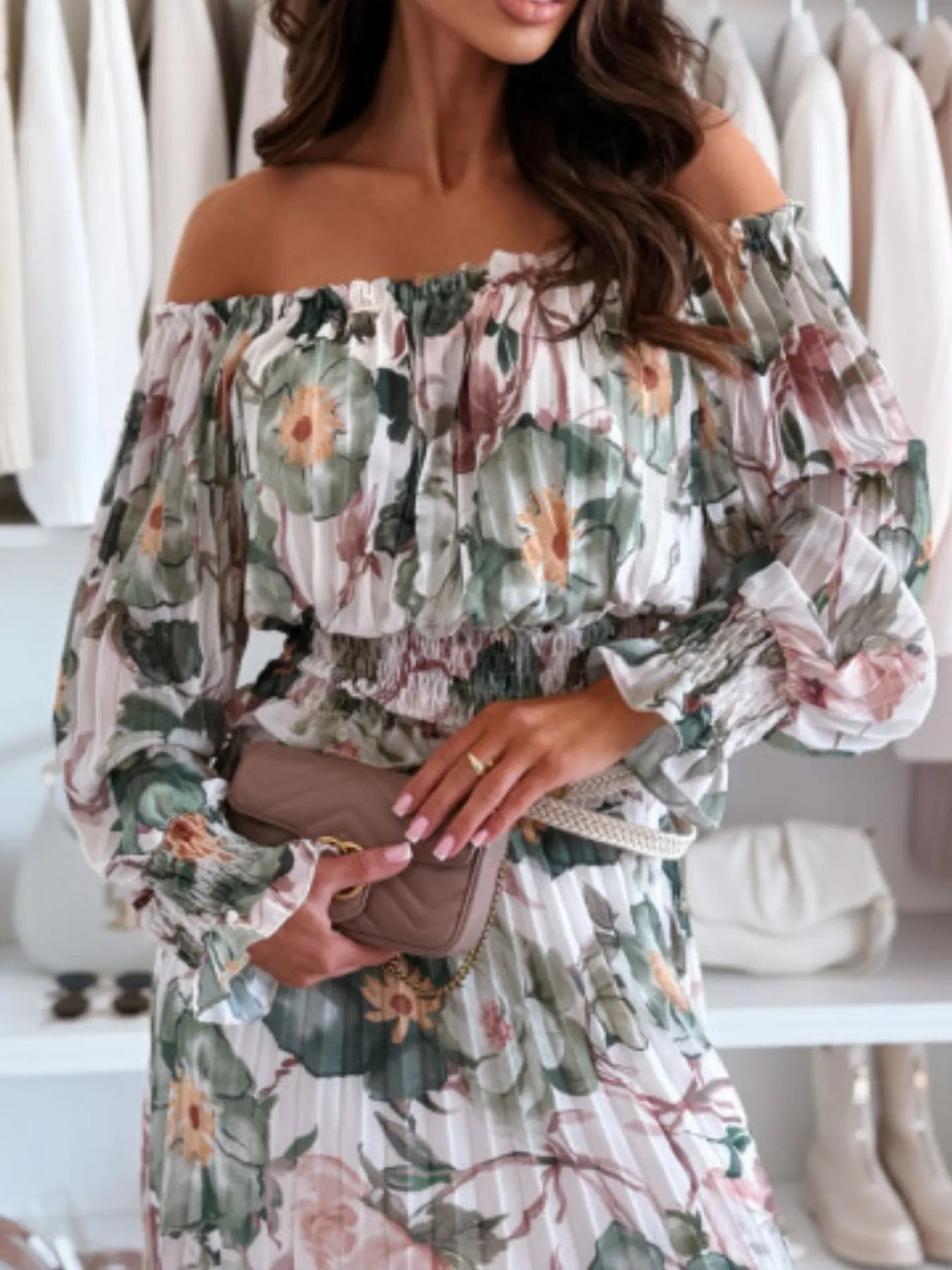 Model wearing romantic floral two-piece outfit with smocked detailing – Voguelle