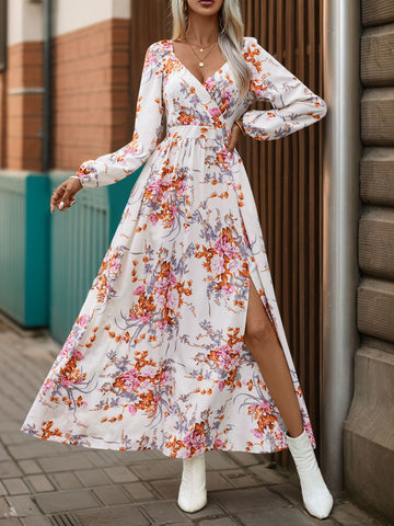 Chic wrap V-neck floral maxi dress with leg slit – Voguelle