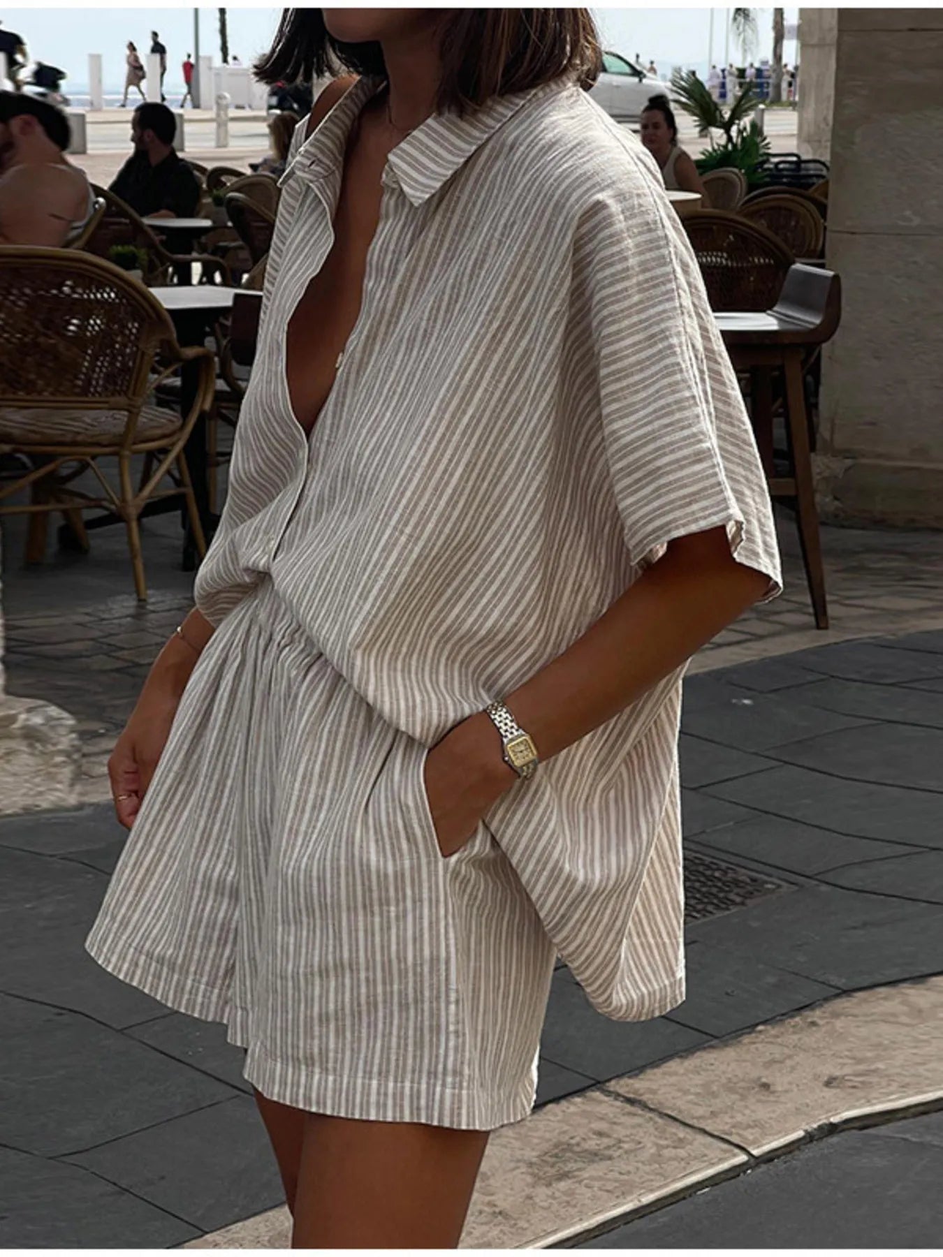Front view of Casual Striped Short Sleeve Top and Shorts Set in beige – Voguelle