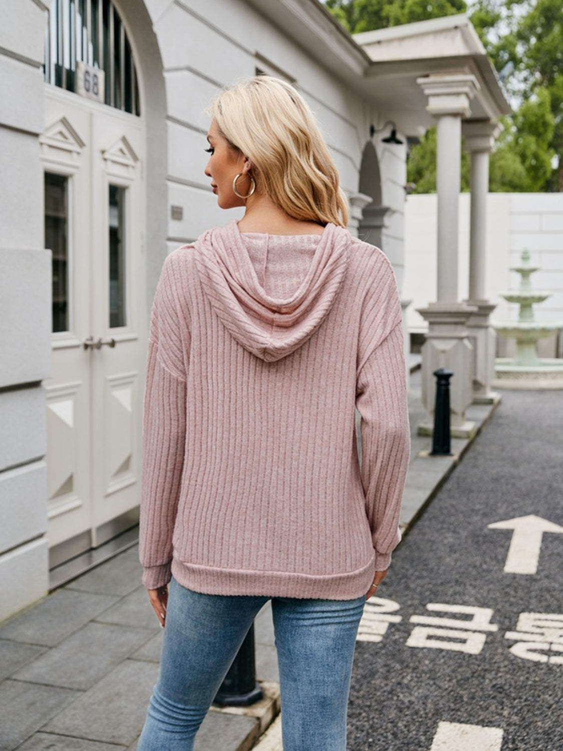 Kangaroo pocket ribbed drawstring hoodie for women – Voguelle
