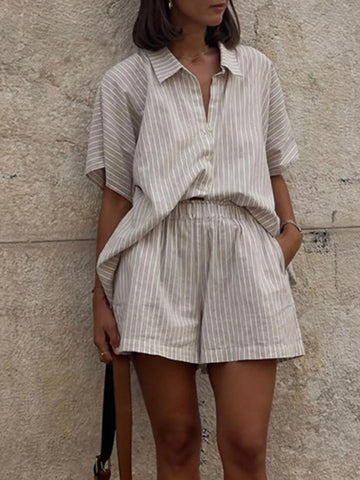 Side angle of striped casual summer co-ord with shorts – Voguelle