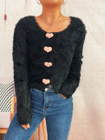 Front view of Fuzzy Heart Shape Button-Up Cardigan in black on model – Voguelle