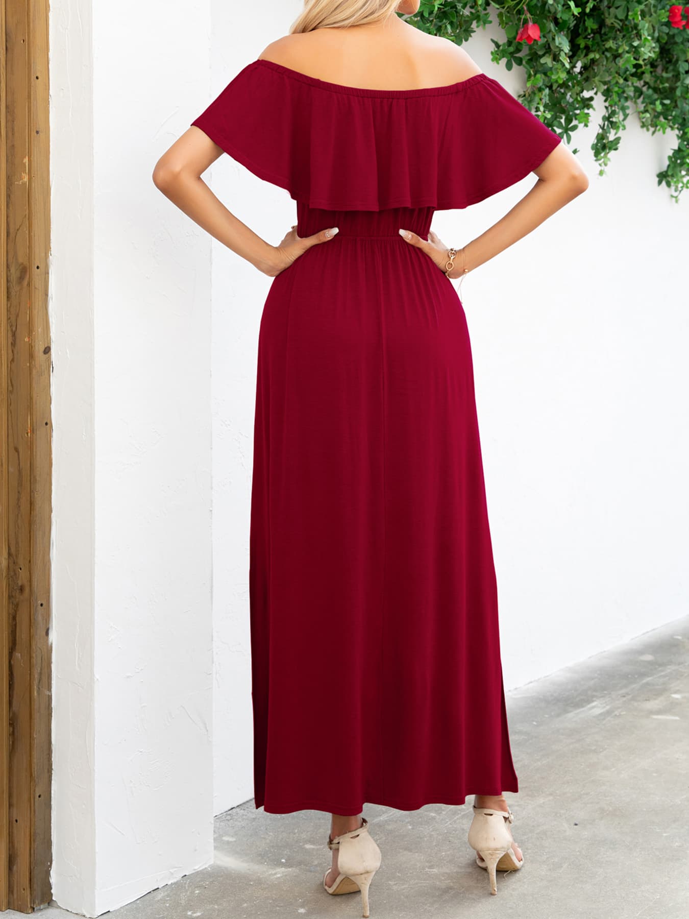 Back view of navy off-shoulder ruffle maxi dress – Voguelle