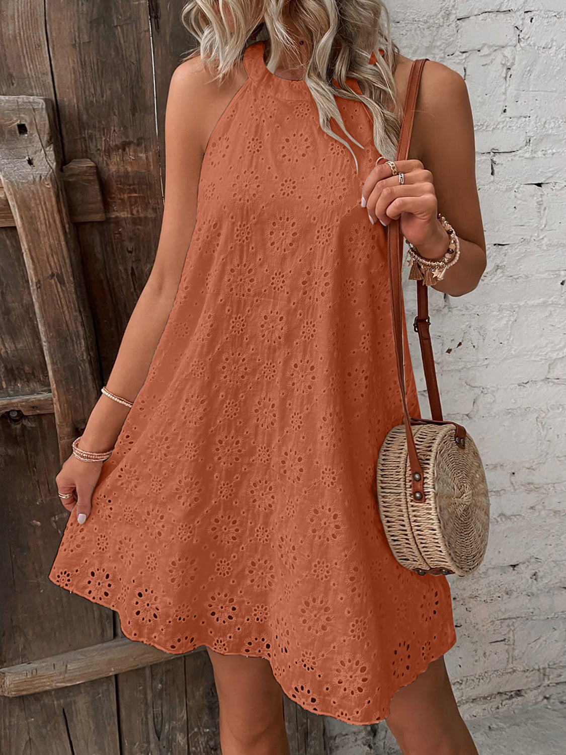 Front view of Eyelet Grecian Mini Dress – Voguelle