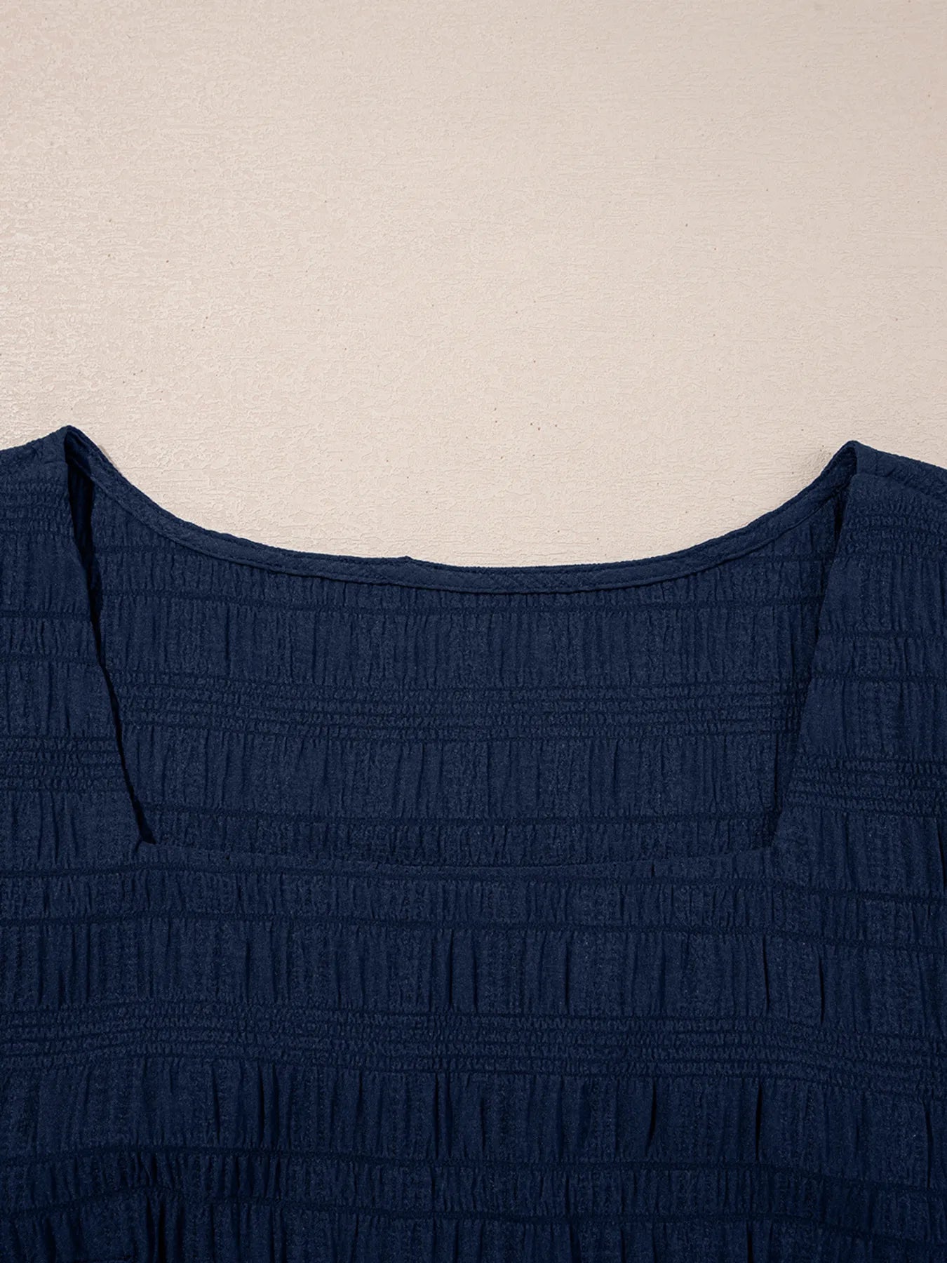Side angle of navy square neck crop top and shirred high waist shorts – Voguelle