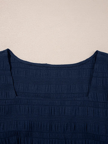 Side angle of navy square neck crop top and shirred high waist shorts – Voguelle