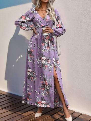 Black floral maxi dress with surplice neckline and slit – Voguelle