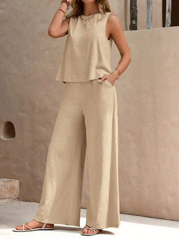 Full outfit shot of beige sleeveless top and wide leg pants set – Voguelle