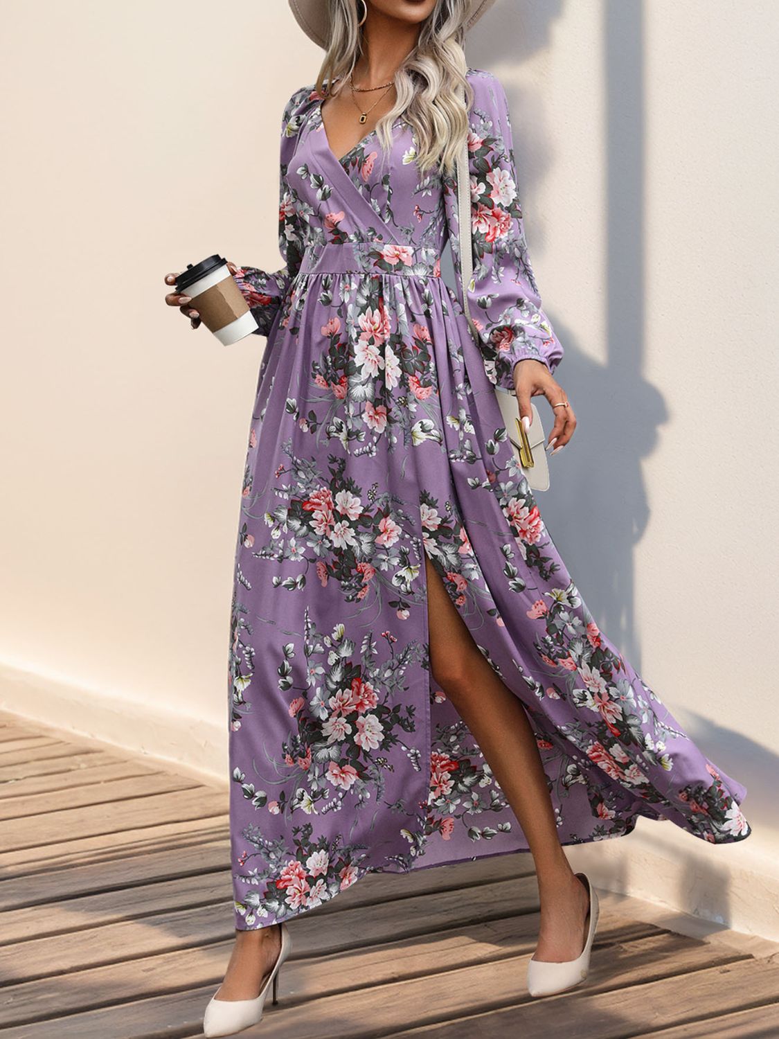 Front detail of floral surplice slit maxi dress – Voguelle