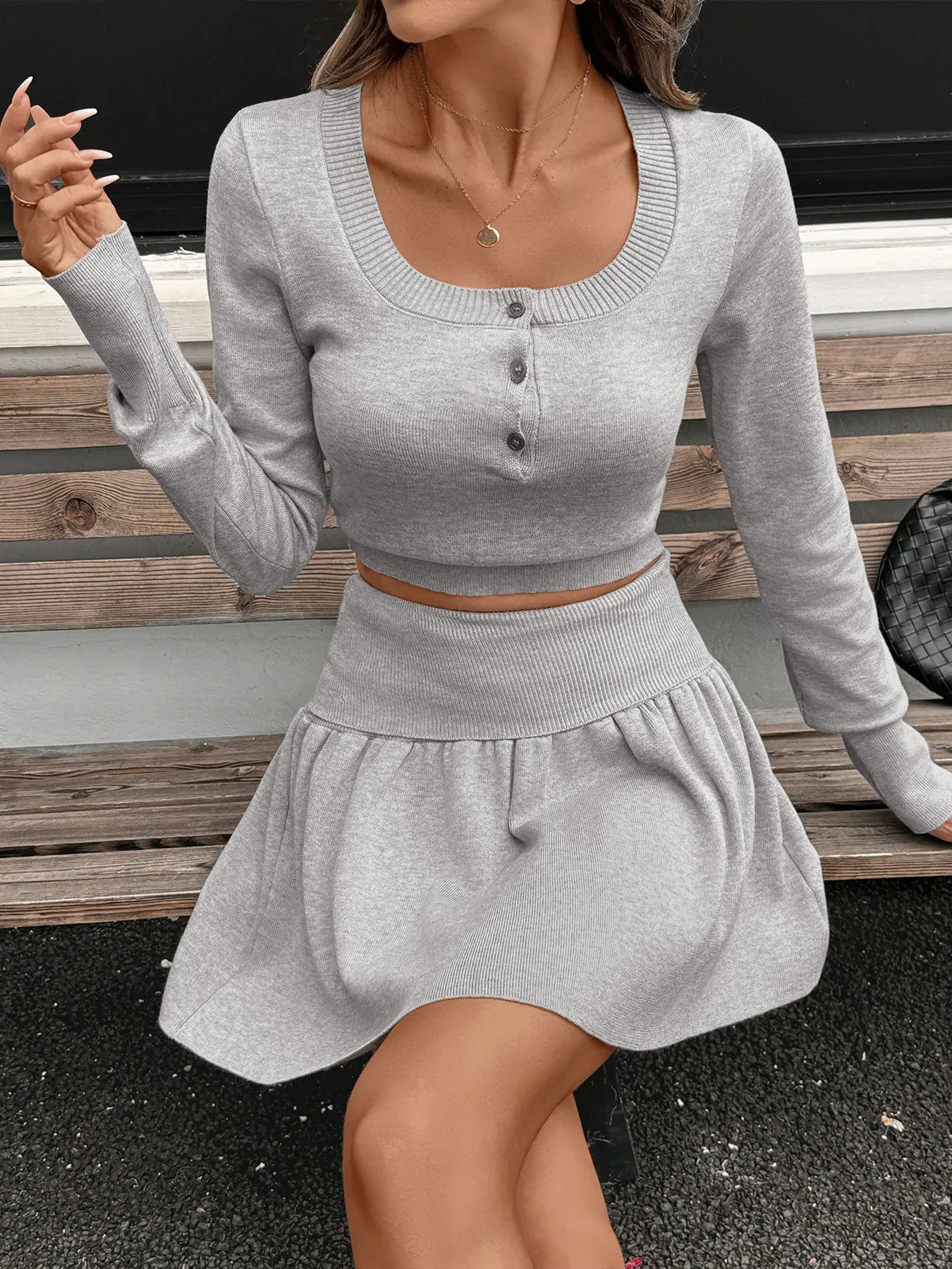 Model styling grey ribbed knit skirt set with long sleeve top – Voguelle