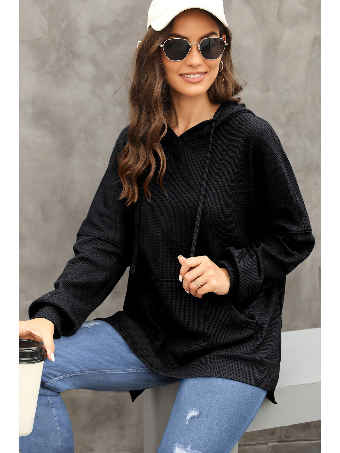 Front view of waffle-knit long sleeve hoodie in gray on model – Voguelle