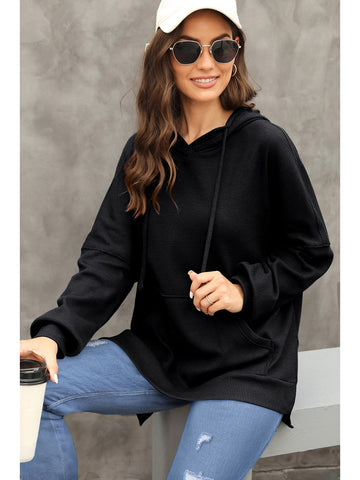 Front view of waffle-knit long sleeve hoodie in gray on model – Voguelle