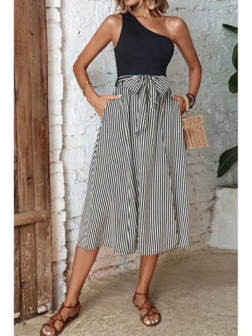 Back view of striped one-shoulder slit midi dress – Voguelle