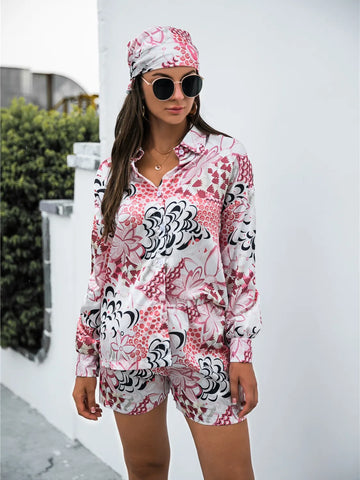 Pink floral Printed Button-Up Shirt & Shorts Set styled outdoors – Voguelle