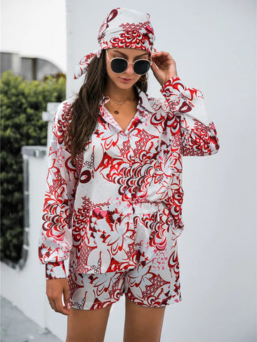 Model wearing red Printed Shirt & Shorts Set outdoors – Voguelle
