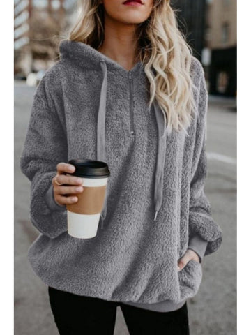 Drawstring detail teddy hoodie shown on model – Voguelle