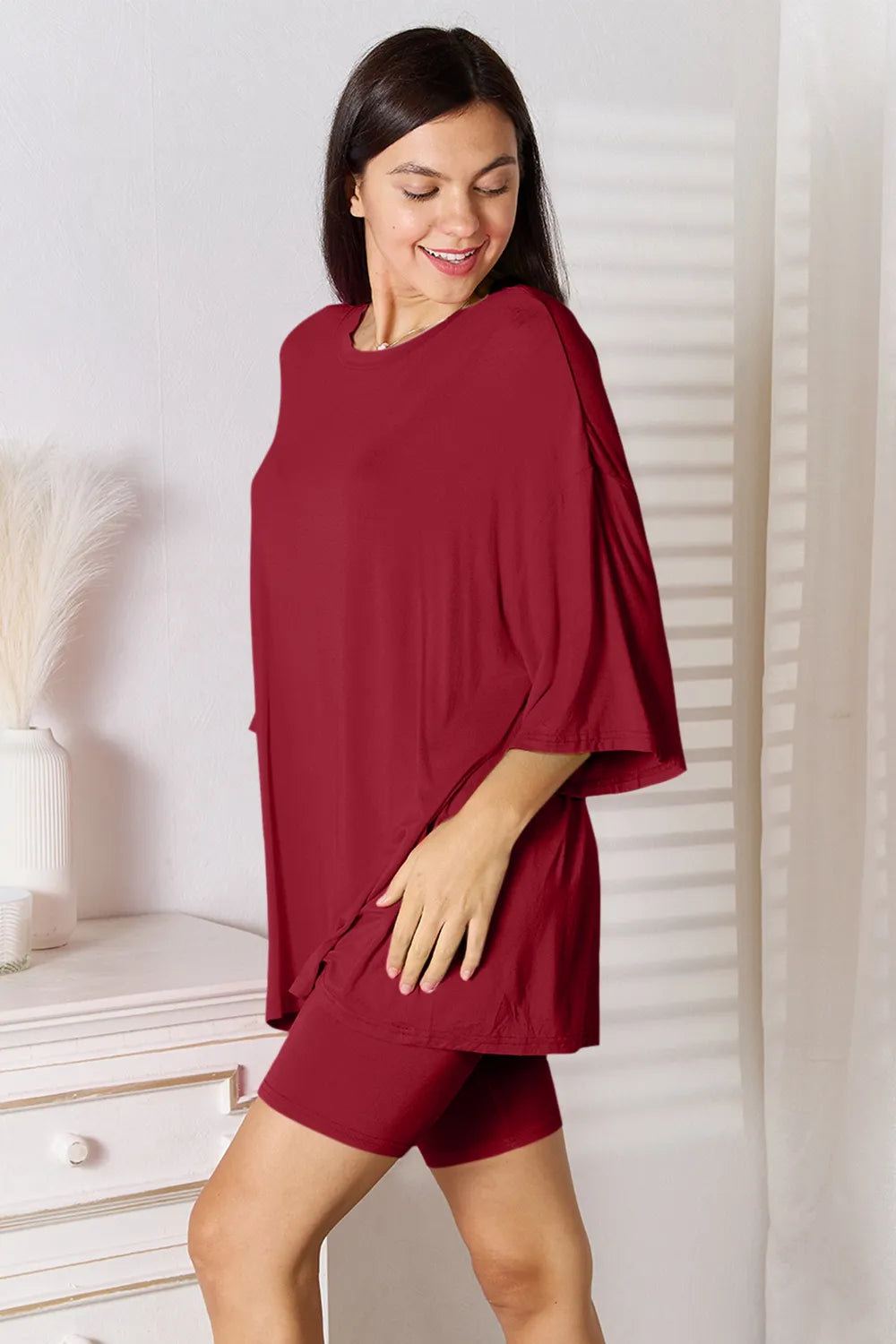 Full-body view brown 3/4 sleeve lounge set – Voguelle