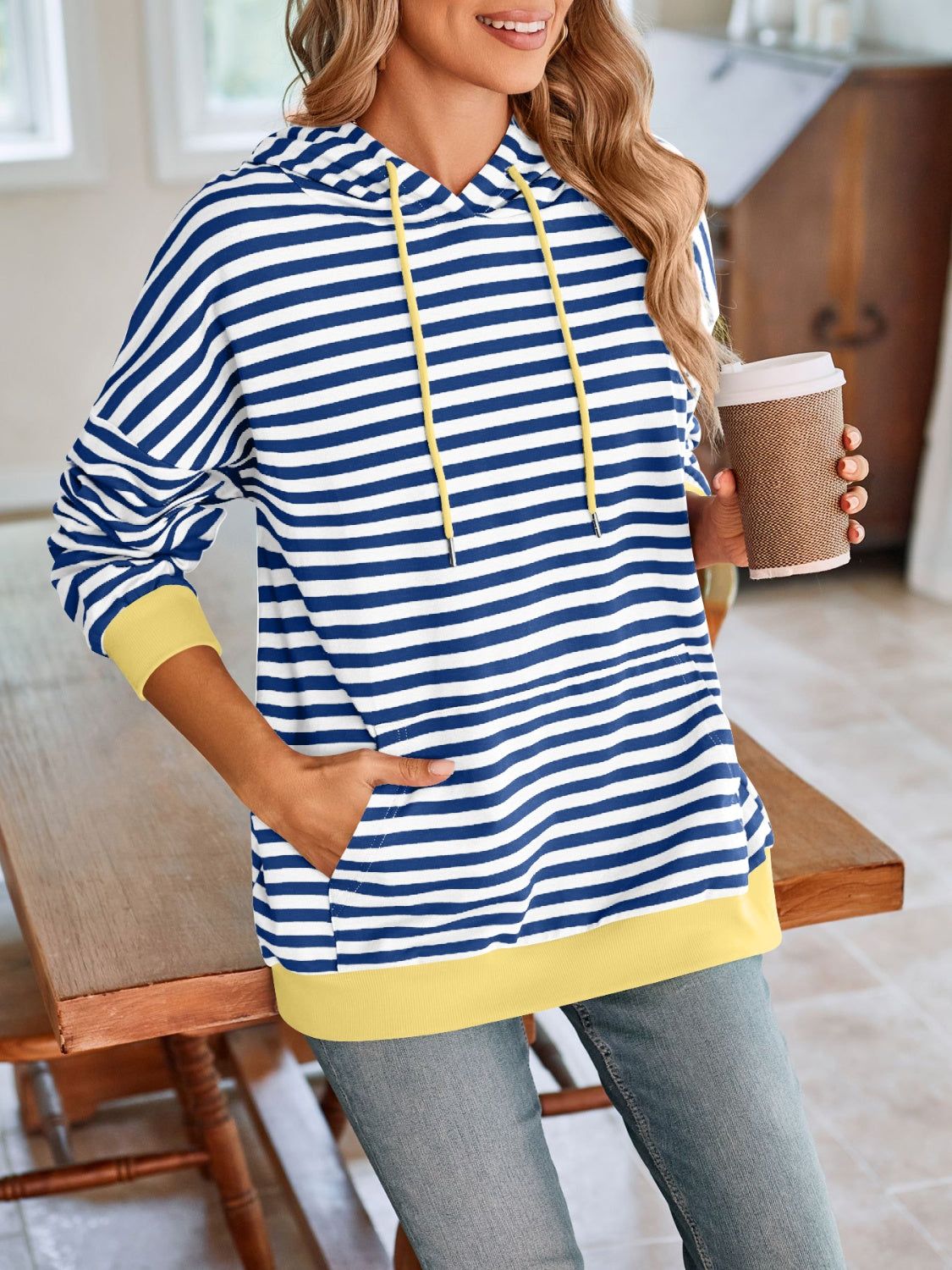 Model wearing navy and white striped hoodie with drawstring – Voguelle