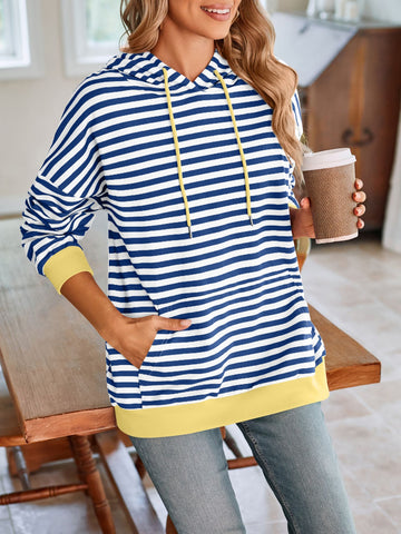 Model wearing navy and white striped hoodie with drawstring – Voguelle